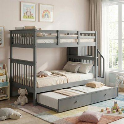 Stairway Solid Wood Full Over Full Bunk Bed with Twin size Trundle, Storage and Guard Rail for Bedroom