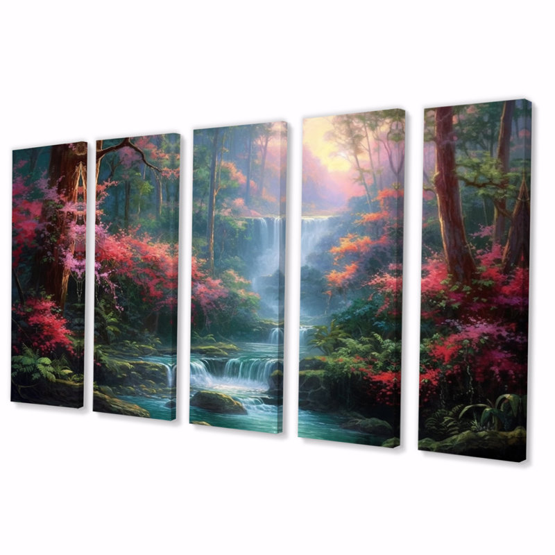 «Pink Green Dusk's Embrace Landscape II - Lakes and Rivers», reproduction sur toile - 5 panneaux égaux