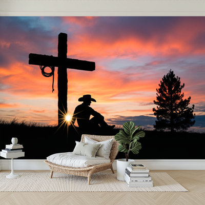 Peel and Stick Wallpaper 96" W x 69" H Modern Self Adhesive Wall Mural for Bedroom Western Silhouetted Cowboy Sunset Cross Rope Scenic Landscape