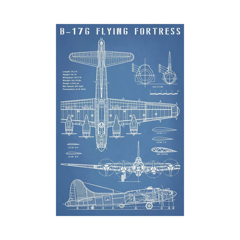 B-17 Vintage Bomber Airplane by Action Blueprints - Wrapped Canvas Print, 60" H x 40" W x 1.5" D