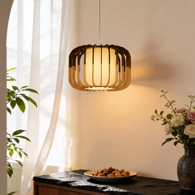 Modern Two-Tone Wooden Cage Hanging Light Fixture