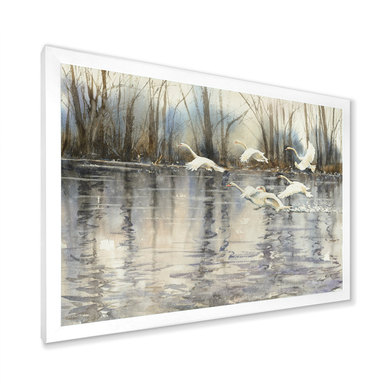 Cygnes blancs volant au-dessus d'un magnifique lac - reproduction d'art sur toile, H 8 po x l 12 po x P 1 po, Cadre blanc
