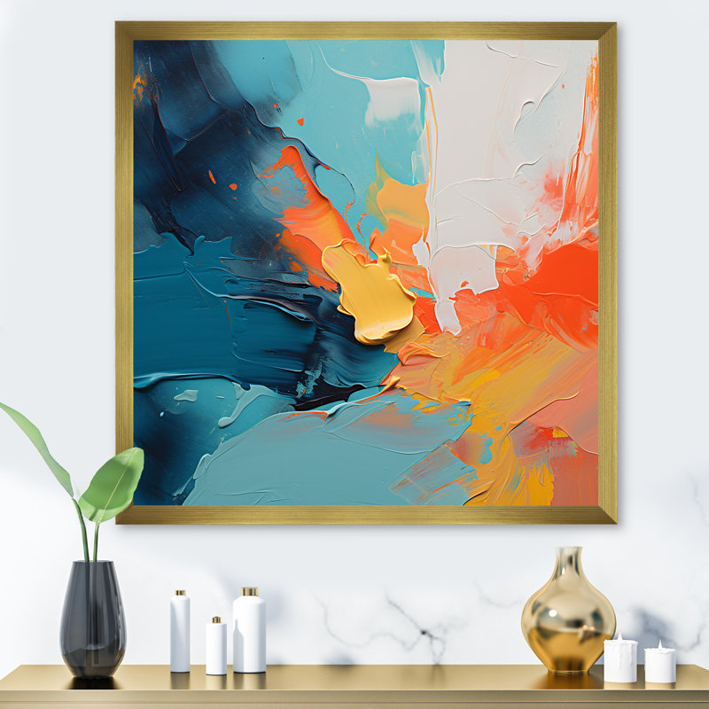 Blue And Orange Paint Abstract Expression 1 - Abstract Wall Art, Gold Single Picture Framed, 30" H x 30" W x 1.5" D