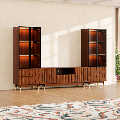 Meuble audio-vidéo en bois de 103,1 po de largeur noyer pour téléviseur de 55 po ou moins de style Mid-Century comprenant un meuble télé avec rangement et deux vitrines à 3 niveaux avec 2 tiroirs pour le salon et la chambre à coucher, brun