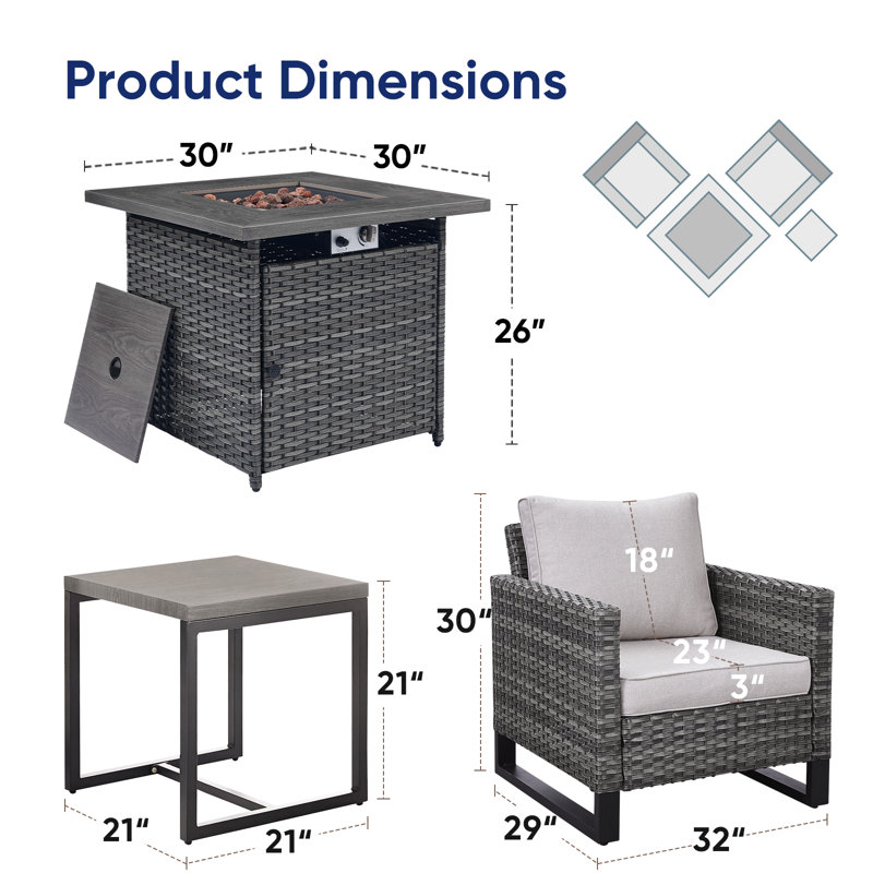 Naresa 4-Piece Outdoor Furniture Set  2 Patio Chairs, Fire Pit Table & Side Table, All-Weather PE Wicker, Beige