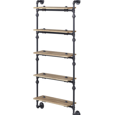 5-Shelf Wall Shelf With Industrial Look - Oak & Sandy Black, Metal For Home Rustic And Black Mount 5 , Storage