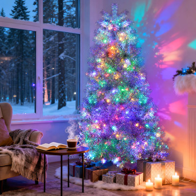 6ft Shining Silver Pre - Lit Christmas Tree, 800 Branch Tips, 300 Led Lights With 11 Lighting Styles, Hinged Full Tree For Indoor And Outdoor Holiday Celebrations, Material Shimmering Artificial In