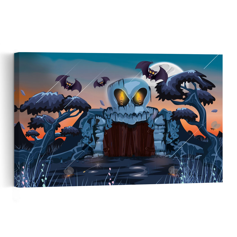 Affiche murale abstraite contemporaine représentant une porte de crâne au clair de lune, un paysage de chauves-souris et une nature.
