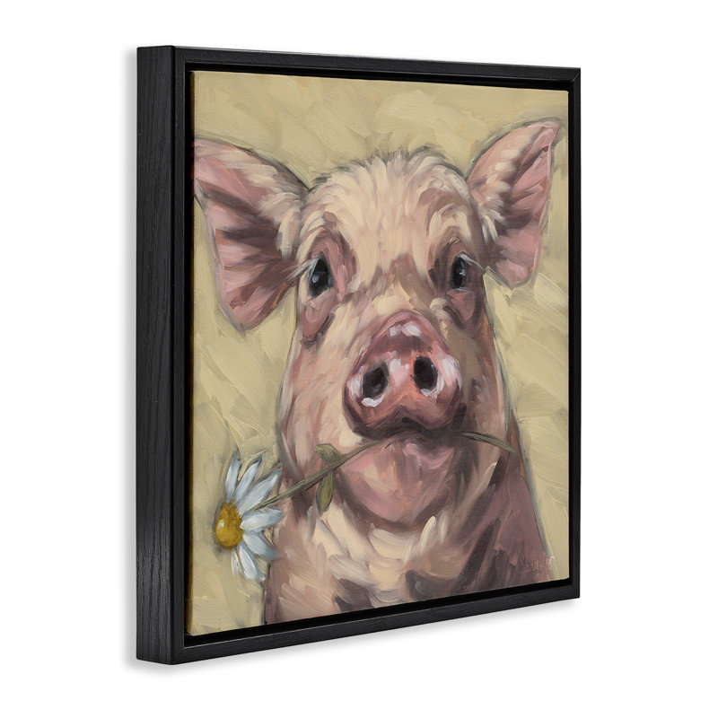 Cadre flottant cochon tenant une marguerite, Cadre flottant noir de jais, H 18 po x l 18 po