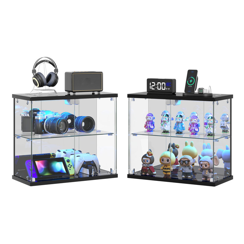 2-Tier Mini Display Cabinet with LED Lights, Charging Station, Black