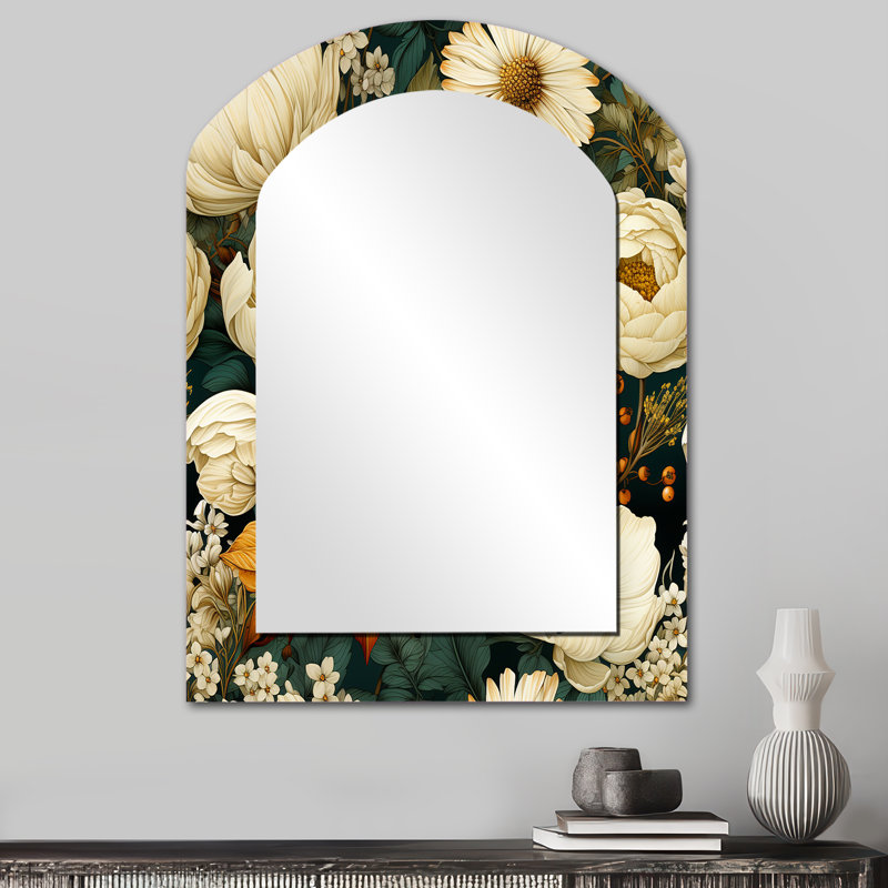Motif de fleurs de chrysanthème Earthy Greens - Miroir mural décoratif asymétrique floral, 34 po x 25 po