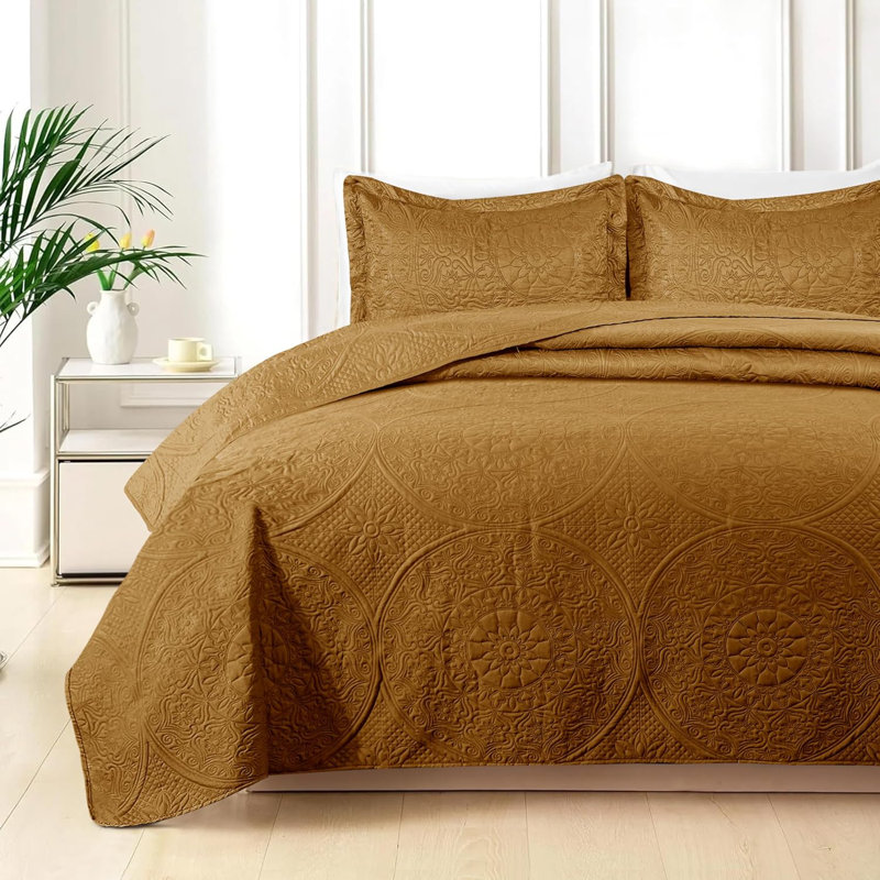 Lightweight Summer Bedspreads - 3 Piece Oversized Quilt Set - Reversible Coverlet Set - King Size, Buckthorn Brown Floral