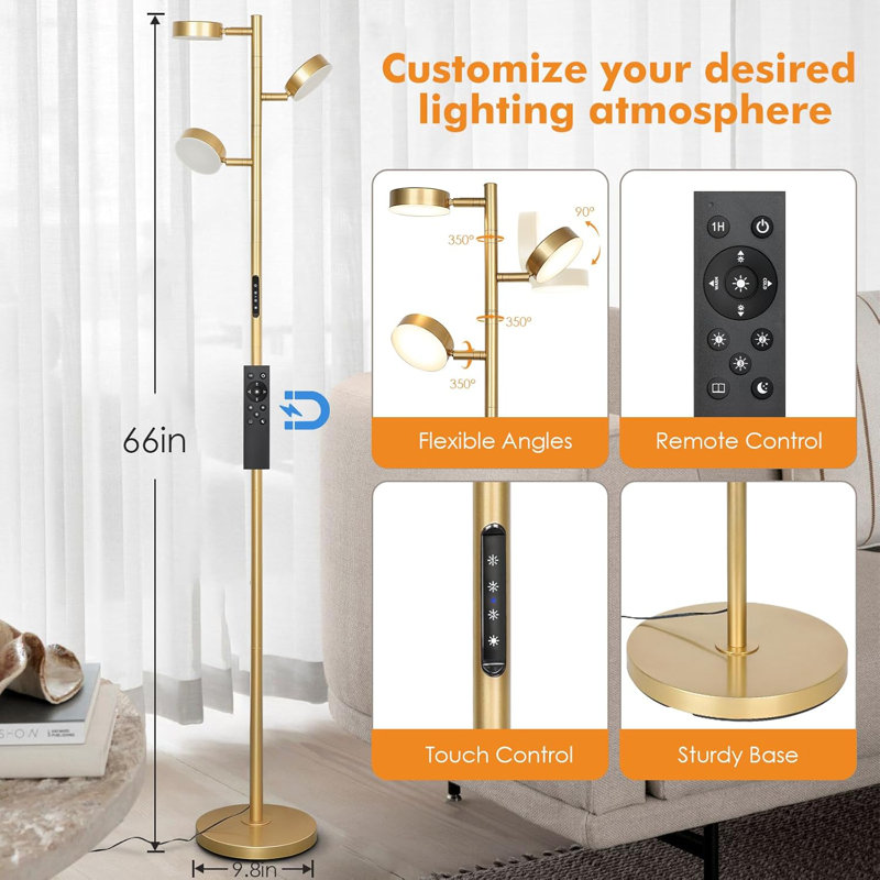 Modern Tree Floor Lamp, Dimmable With Remote & Touch Control, 3 Rotatable Lights, 4 Color Temperatures, Tall Standing Lamp