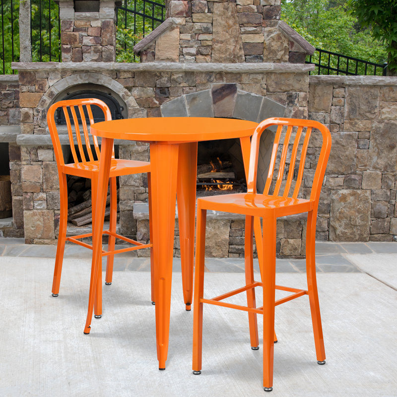 Drumfane 30'' Round Metal Indoor-Outdoor Bar Table Set with 2 Vertical Slat Back Stools, Orange, 30'' x 30'' x 41''