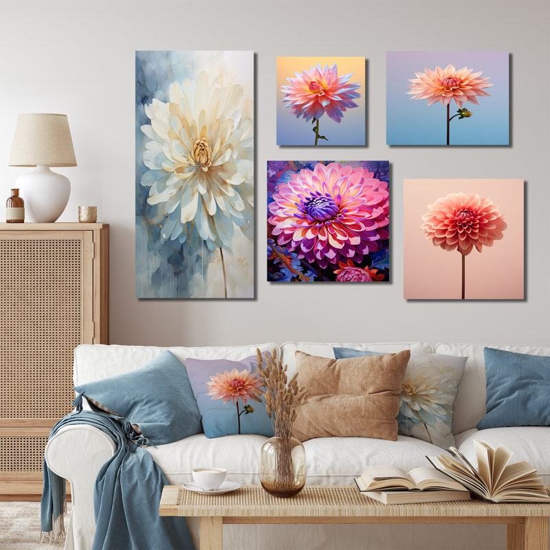 Ensemble de salon mural blanc et bleu Dahlia, Cadre flottant noir