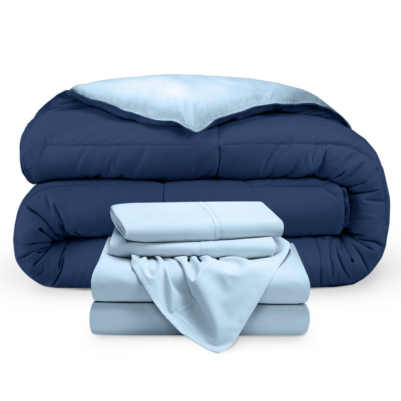 Microfiber Reversible Bed-In-A-Bag, Dark Blue/Light Blue, Light Blue, Full/Double Comforter + 2 Pillowcases