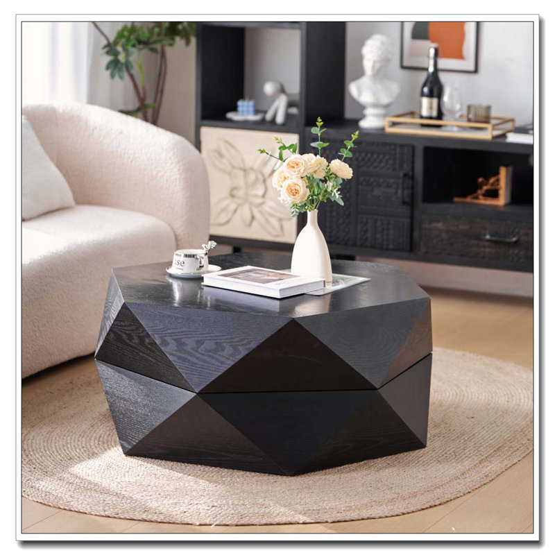 Table basse 36,61 po style rétro Polygon, table basse cylindrique en placage de bois massif, Noir