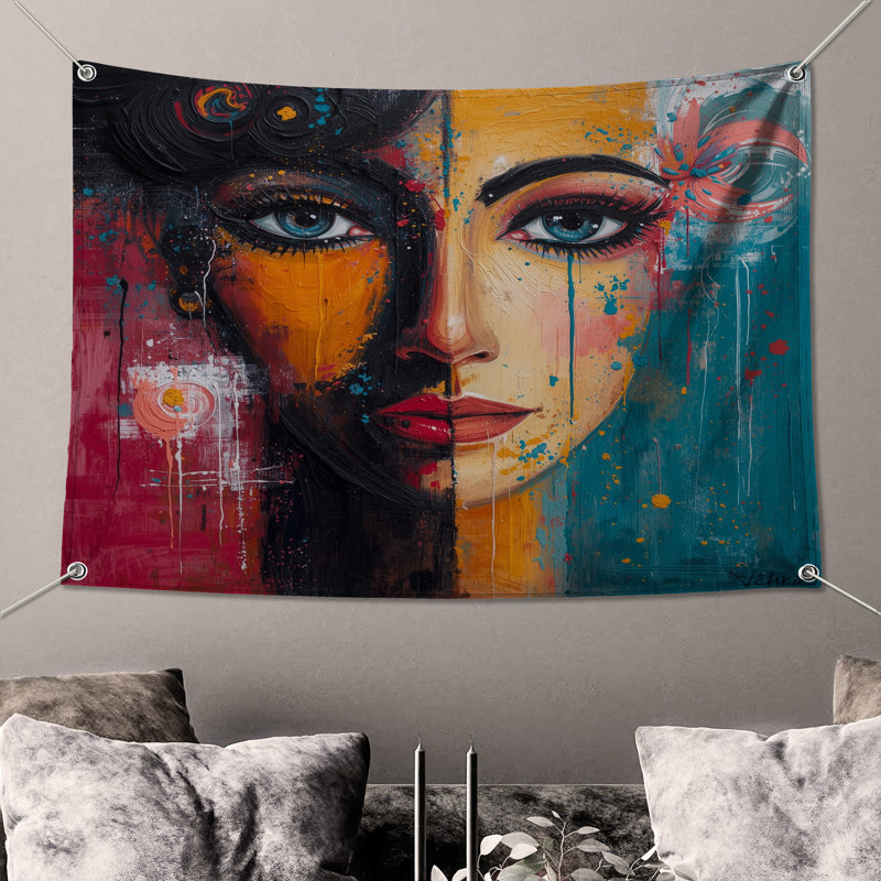 Tapisserie murale colorée à deux visages - Décoration murale portrait, H 68 po x l 80 po avec 4 œillets