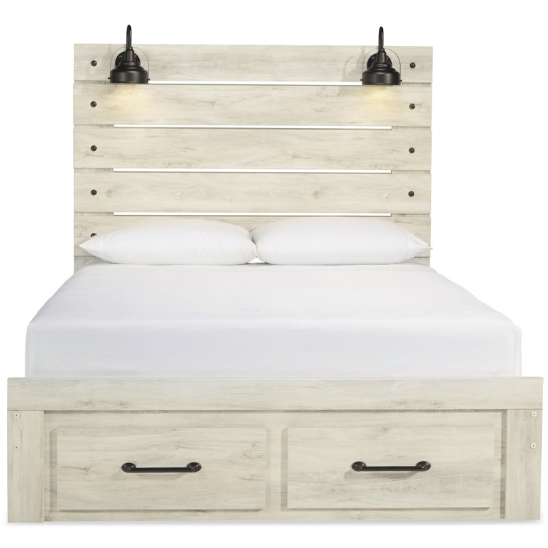 White Queen Upholstered Storage Bed with Headboard and Drawers