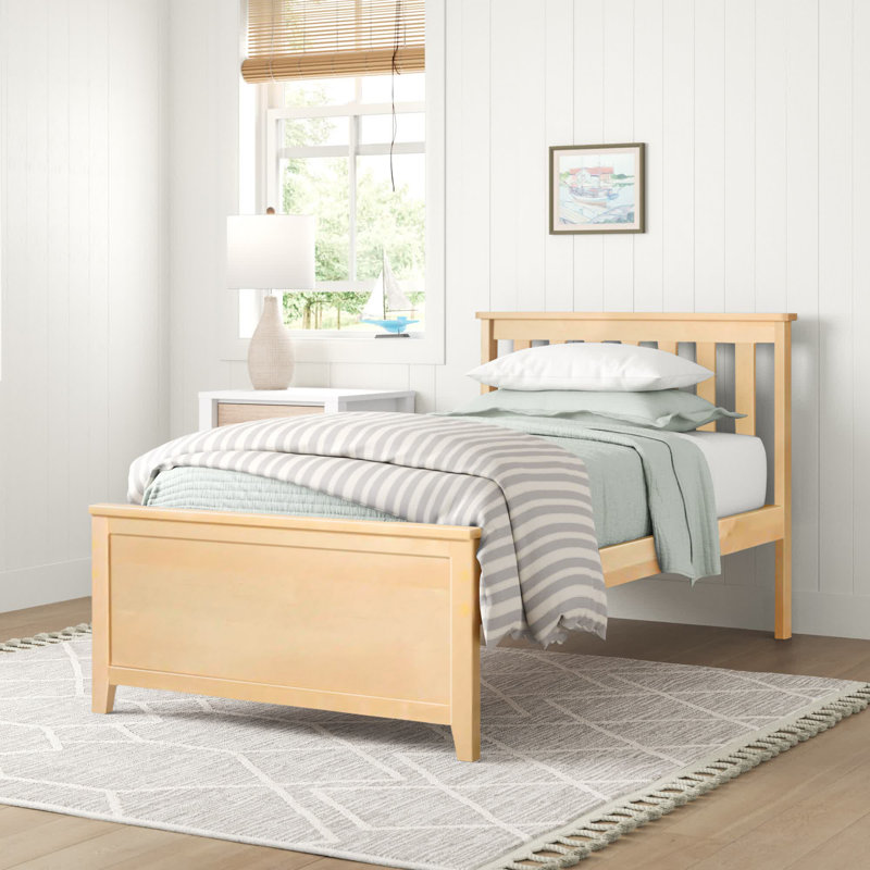 Solid Wood Platform Bed with Slat Headboard , Gray, Twin