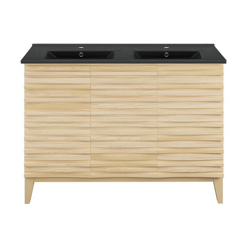 Cascade 48 po Meuble-lavabo double avec comptoir en céramique, Chêne naturel, Noir