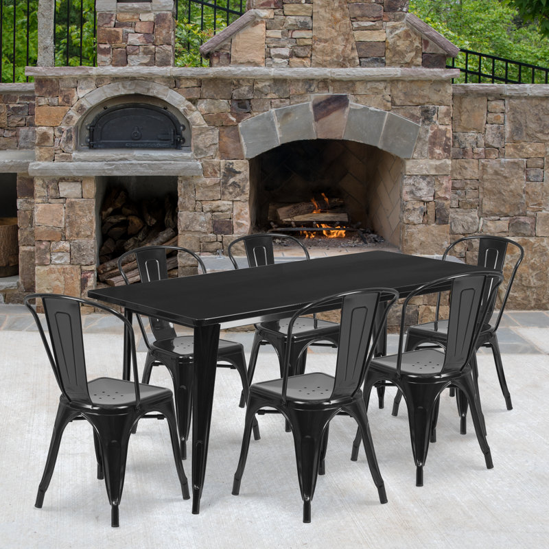 Metal Indoor-Outdoor Table Set, 29.5"H x 31.5"W x 63"D, 7, Black