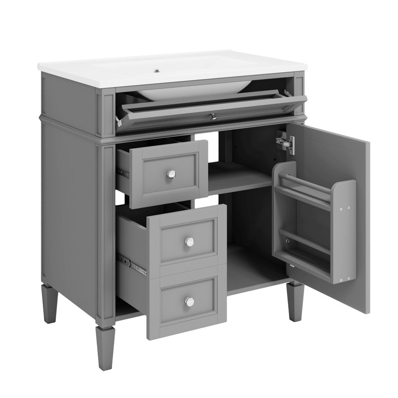 Meuble-lavabo 30 po avec lavabo supérieur et armoire à miroir, Gris
