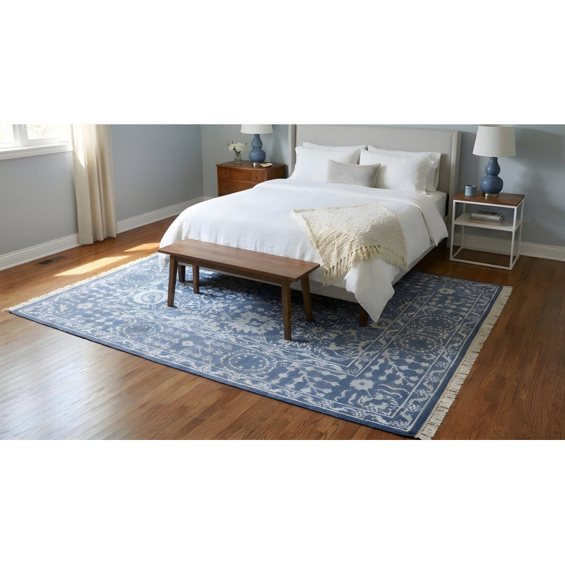 Blue Hand-Knotted Wool Bamboo Silk Framed Floral Garden Geometric Modern Contemporary Carpet Rug, 6' x 9'