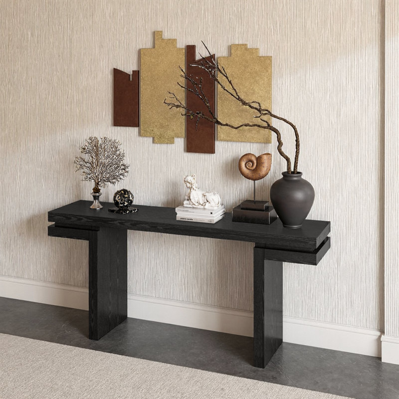 Spacious Minimalist Console Table - Real Wood Veneer Entryway Sofa Table with Storage, Black, Black
