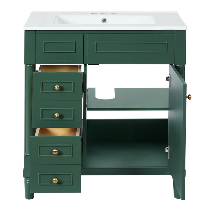 Meuble-lavabo de 30 po avec lavabo, 2 tiroirs, porte, style moderne, tablette ajustable, meuble de rangement autoportant de 30 po, fonctionnement facile, robinet à encastrer de 4 po