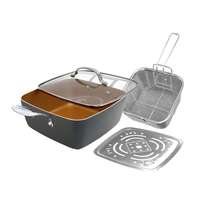 Poêle antiadhésive profonde de 9,5 po avec plateau pour la cuisson à vapeur, panier à friture et couvercle en verre Gotham Steel