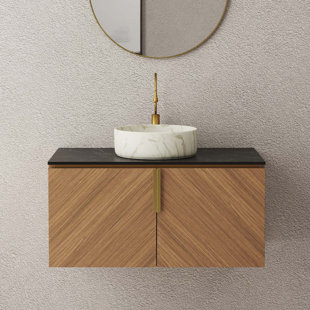 Meuble-lavabo de salle de bain, meuble de rangement mural pour salle de bain avec comptoir en pierre frittée à double porte et lavabo rond en céramique avec motif de pierre