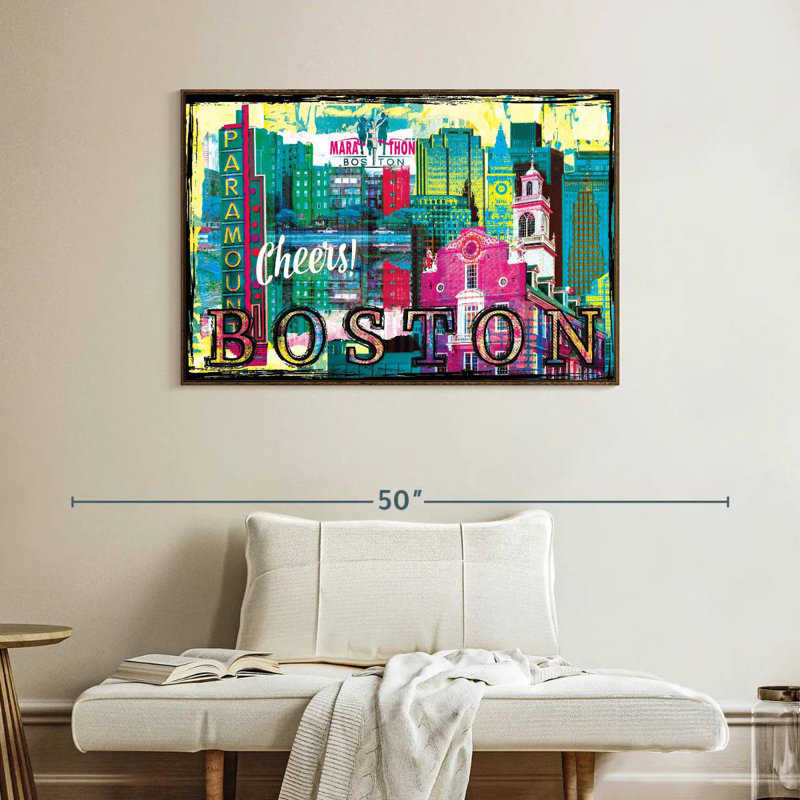 Repères grunge de Boston City, Cadre flottant noyer, 40 po x 27 po