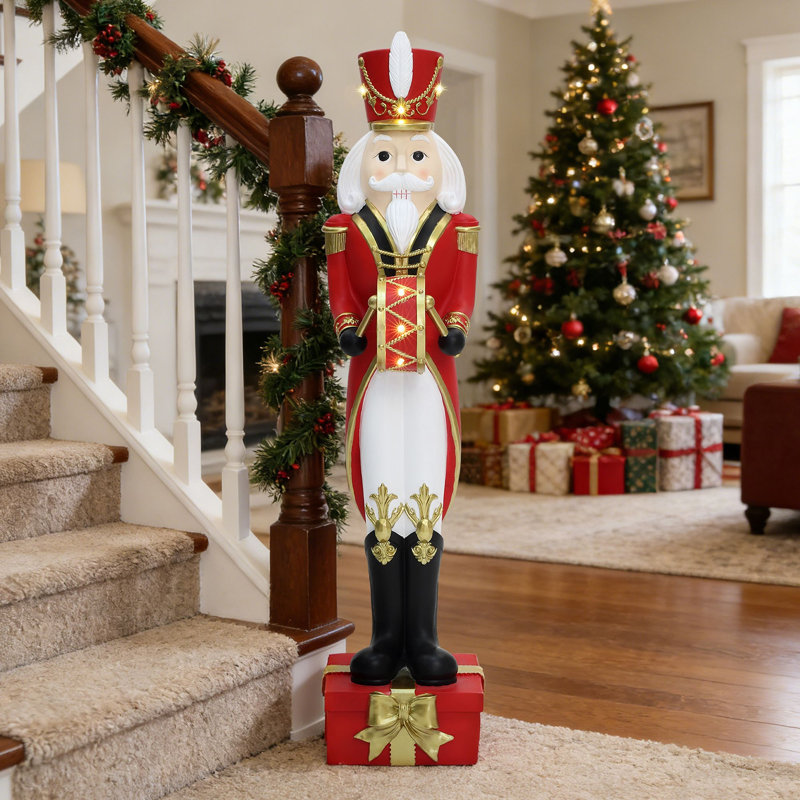 Statue traditionnelle de casse-noisette avec tambour et socle en coffret-cadeau, décoration de Noël en oxyde de magnésium préilluminée