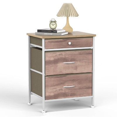 Table de chevet Leonell, petite commode, meubles de chevet, table de chevet blanche avec 3 tiroirs en tissu pour la chambre à coucher, finition en cuir et plateau en bois, blanc