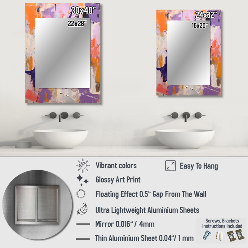 Poetic Expressionism In Purple And Orange I - Abstract Collages Unique Wall Mirror, Purple Mirror, Printed Metal Art