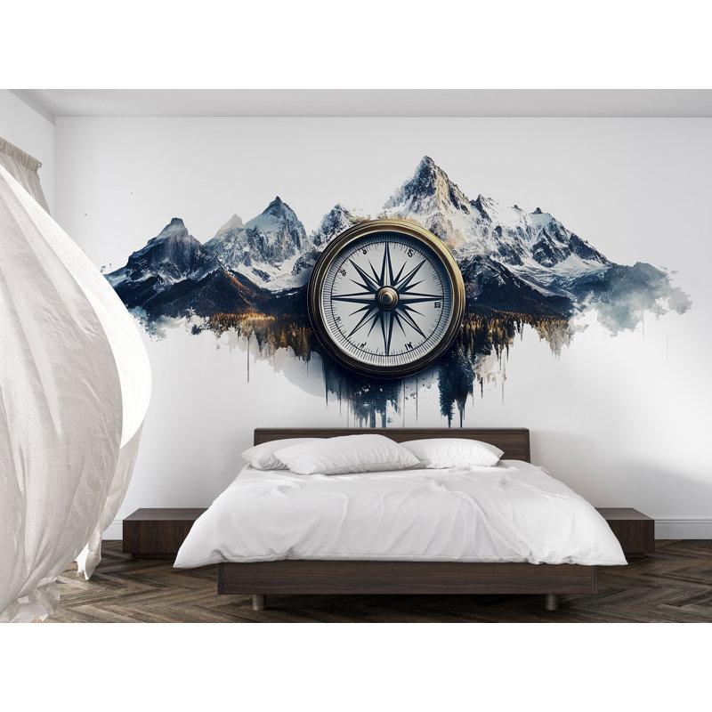 Mountain Compass Wall Decal, Adventure Wall Sticker, Compass Wall Art, Bedroom Wall Mural, Nature Travel Decor, 540Mv