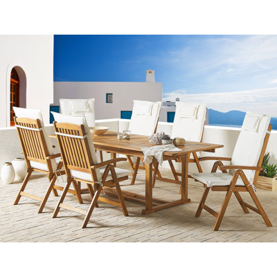 Boothe 6 - Person Acacia Solid Wood Patio Dining Set Extendable and Umbrella Hole Included Rectangular Table with Cushions Included