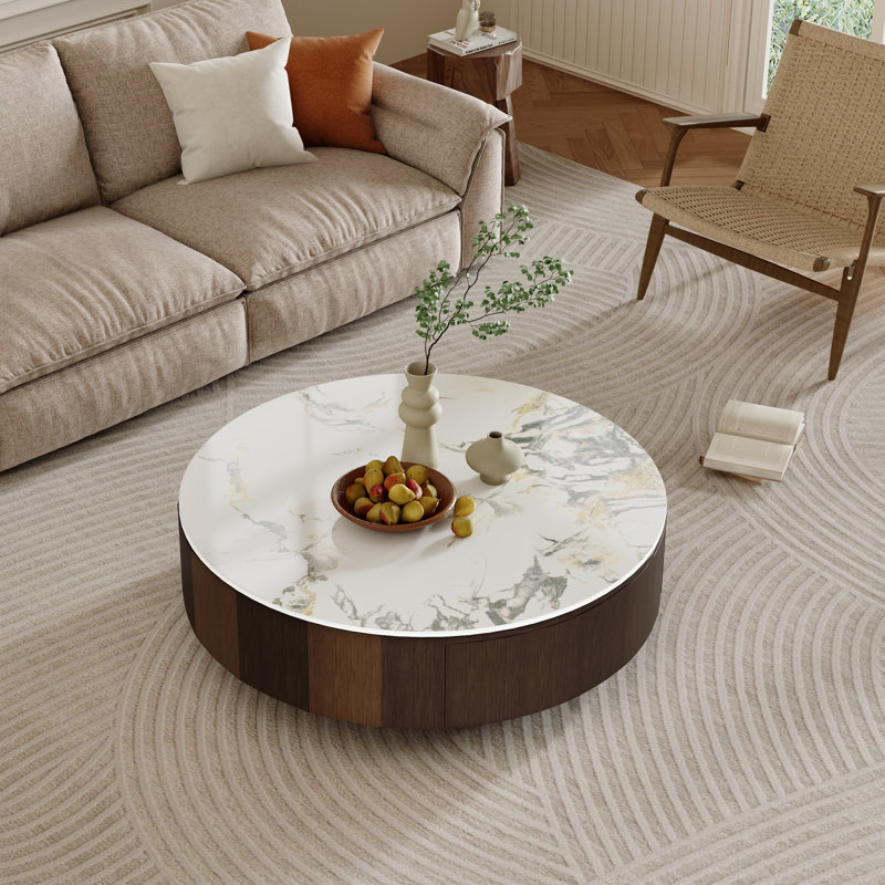35.5" Modern Round Coffee Table, Glossy White Sintered Stone Table top, Brown Solid Wood Coffee Table for Livingroom