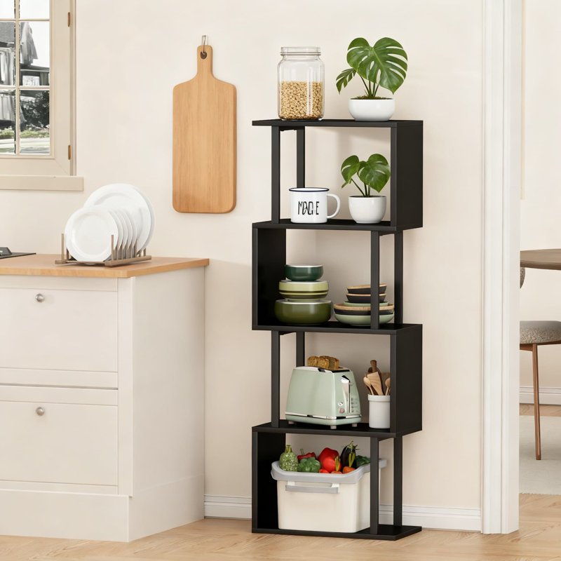4-Tier S-Shaped Bookcase, Modern Geometric Bookshelf With Narrow Freestanding Design, Decorative Storage Shelving Unit For Living Room, Bedroom, And Home Office