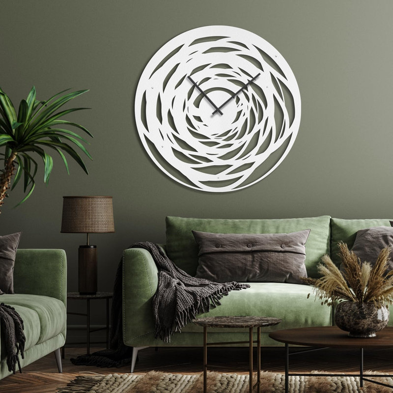 Grande horloge murale abstraite spirale murale en métal Vortex, L 30 po x H 30 po, Blanc