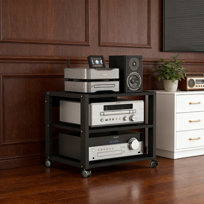 Black 3-Tier Audio Rack Tower With Adjustable Wooden Shelves, Weight Capacity 661 Lbs, For Stereo Equipment