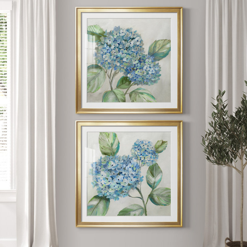 " Hydrangea Beauty I " 2 - Pieces, Gold, 17.5" H x 35" W, Framed Print with Mat