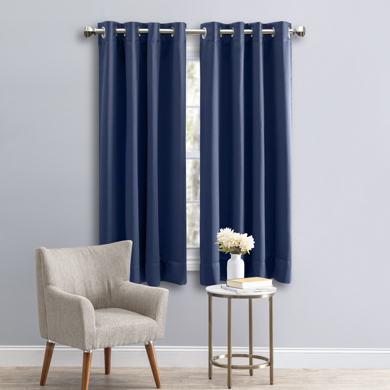 Ardelle Blackout Polyester Curtain, 56" W x 54" L, Blue with Brushed Nickel Grommets