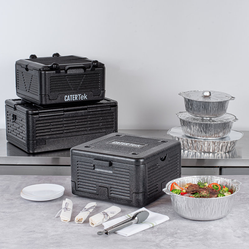 Boîte de restauration de 14 pintes pour restaurant, 1 porte-plat isotherme à chargement par le haut - Peut contenir 1 plat profond de 8 po de profondeur, pliable, en plastique EPP noir avec poignées, portatif, pour buffet