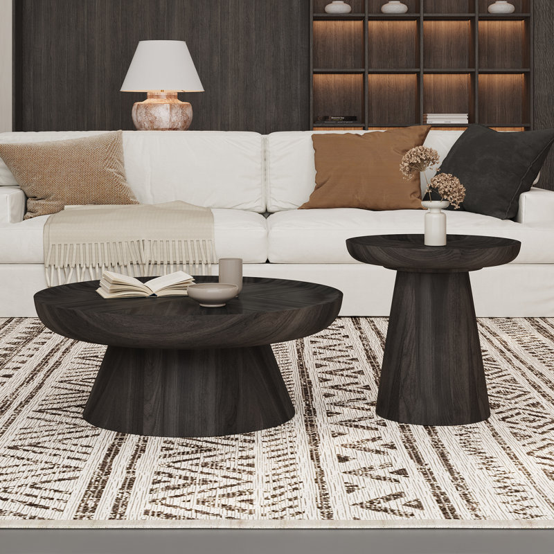 Ensemble de 2 tables basses rondes en noyer noir pour le salon, Noir