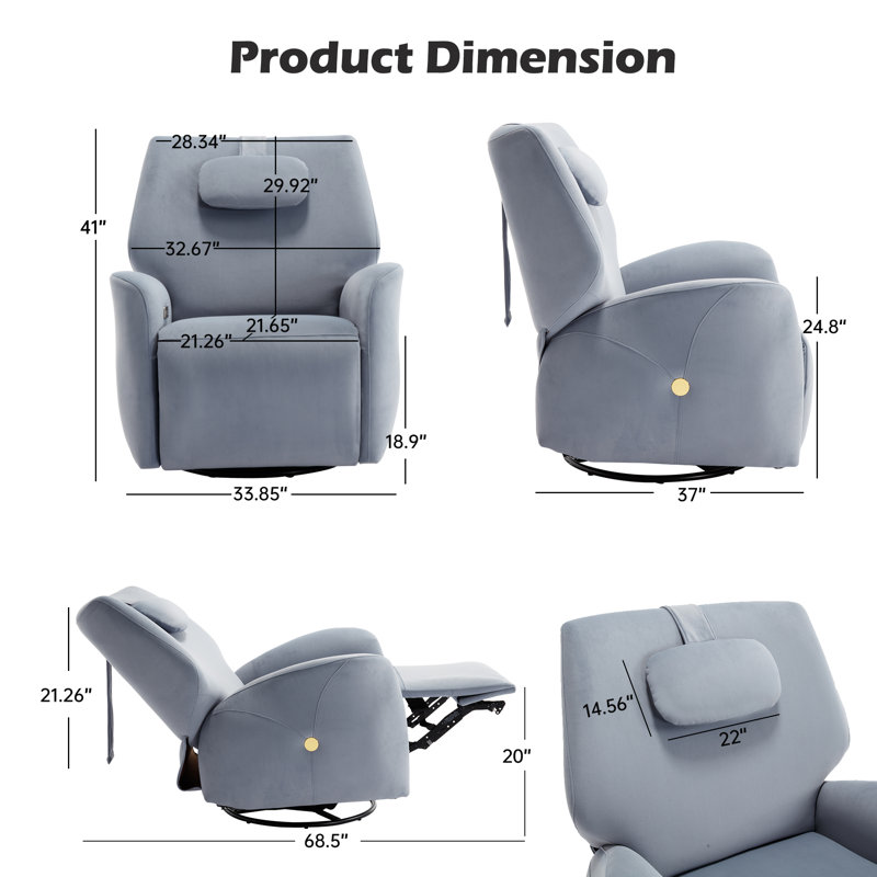 33.85'' W Power Recliner Swivel Rocker Fabric Recliner with Headrest with Hidden Buttons  USB & Type C Ports, Blue-Gray