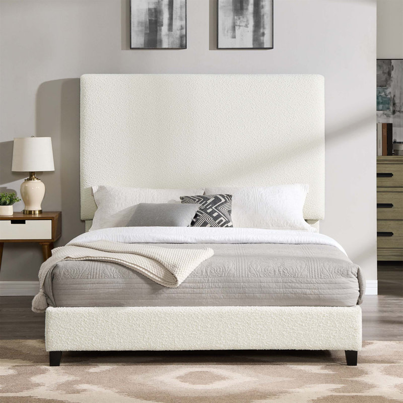 Lit plateforme tapissier Boucle avec tissu en polyester durable et design élégant pour les chambres modernes, Blanc