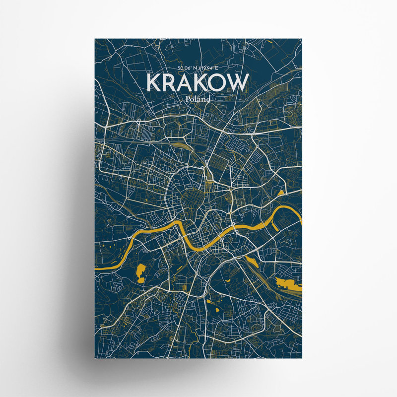 «Krakow City Map», impression de luxe, H 17 po x l 11 po, Bleu / jaune