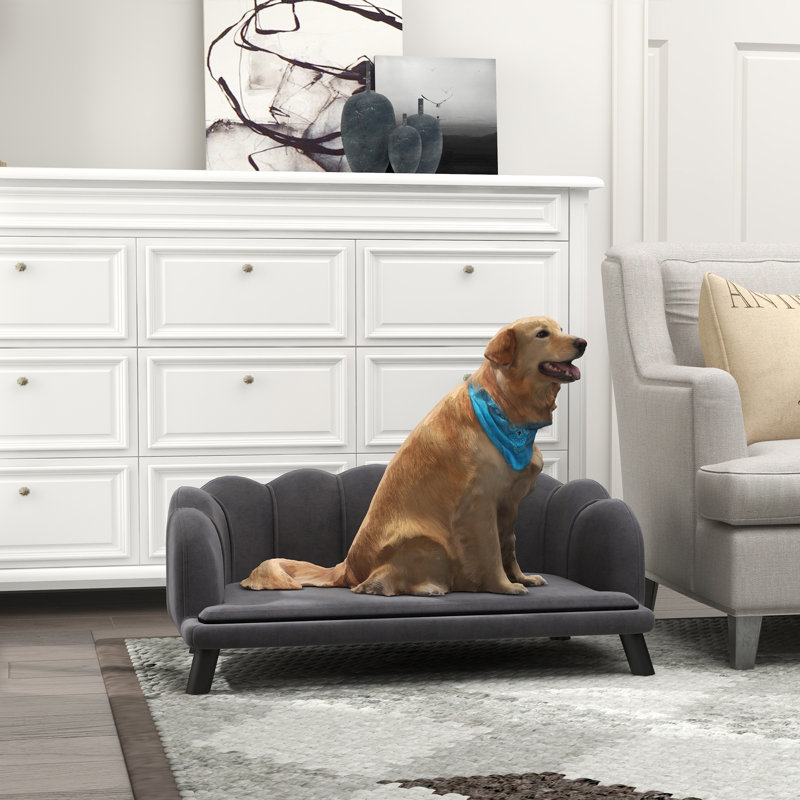 Velvet Large Dog Couch with Foam Cushion, Soft and Cute Dog Bed with Pearl Design, Dog Sofa for Big and Medium Dogs, Gray